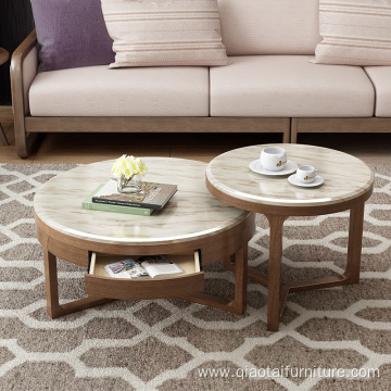 Solid Wood Round Marble Coffee Table Combination